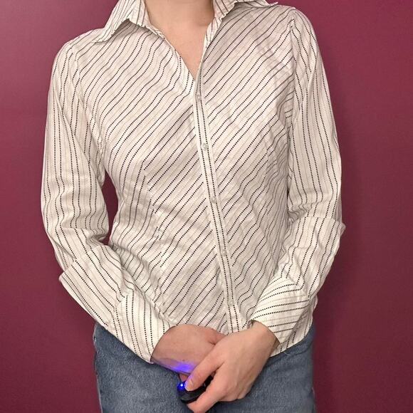 Ann Taylor Loft White Black Striped Button Up Blouse - Picture 1 of 3